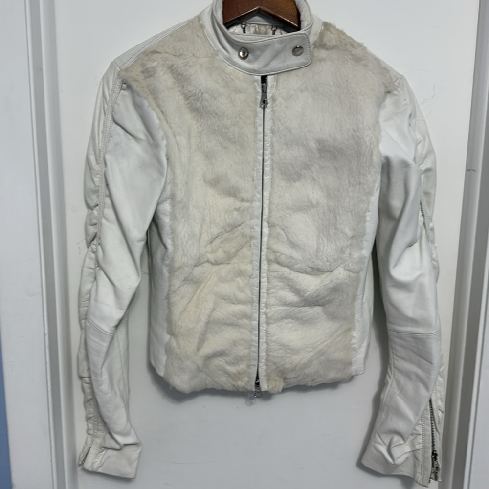 White Guess rabbit Fur & Leather Zip-Front Women's Jacket